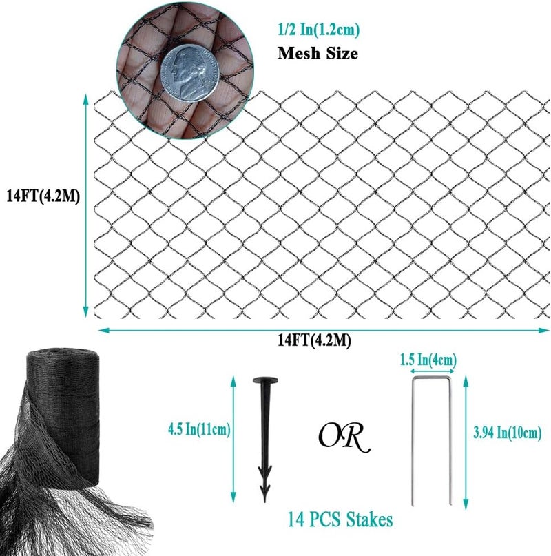 Vocray Koi Pond Netting for Leaves 14x14 Ft, 1/2 in Strong Woven Fine Mesh Pond Leaf Net Cover, Protecting Koi Fish from Herons, Raccoons, Birds, Cats & Predators, 14 Pcs Stakes Included - Image 2